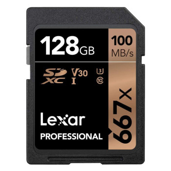 Lexar 667X Professional 128GB U3 V30  SDXC™ UHS-I Memory Cards (up to 100MB/s read, Write 90MB/s)