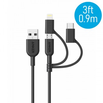 Anker A8436 PowerLine II 3ft 3-in-1 Lightning/Type-C/Micro Connector Cable - Black (0.9M)